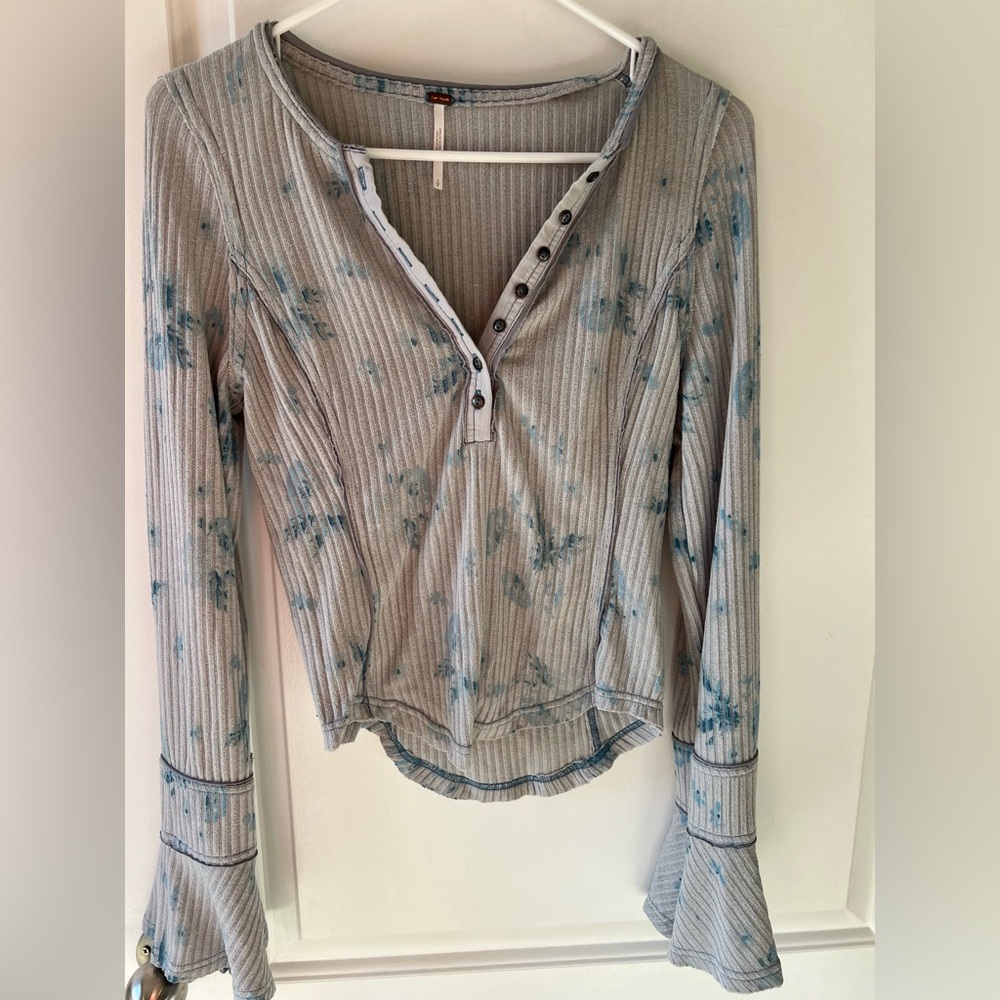 Free People Gray and Blue Floral Long Sleeve Top